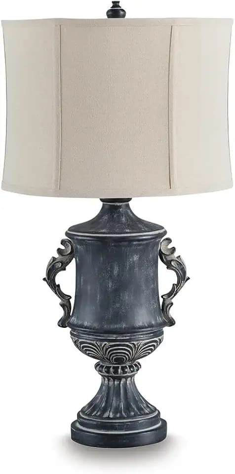 Signature Design by Ashley Morvanford Table Lamp with 3-Way Switch, 85-Inch Cord, Vintage Polyresin Base, Fabric Shade for Living Room Nightstands, Antiqued Black, 31" Tall