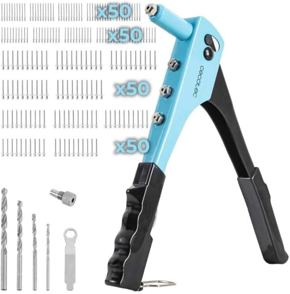 Cecotec Nietenzange Set FixerForce. Inklusive 4 Düsen in Verschiedenen Größen (2,4, 3,2, 4, 4,8 mm) und 4 Bohrer, 400 Nieten im Lieferumfang enthalten, Einstellschlüssel im Lieferumfang enthalten