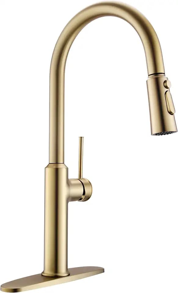 Kitchen Sink Faucets Brushed Gold, High-Arc Single Handle Kitchen Faucet with Pull Down Sprayer, Solid Brass Tall Kitchen Faucets 19 Inch