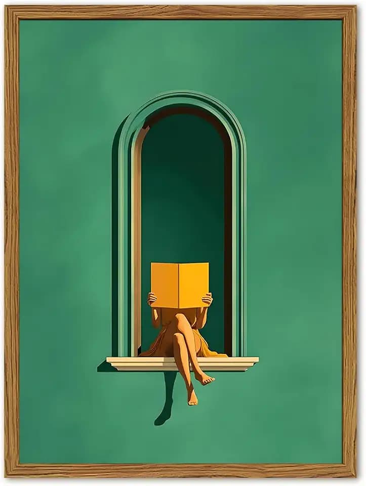 Framed Woman Reading Book Wall Art, Minimalist Emerald Green Window Pictures Wall Decor, Girly Coquette Dopamine Aesthetic Paintings Canvas Prints for Living Room Bedroom Library Nook 16x24 Inch
