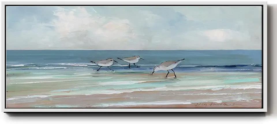 Renditions Gallery Floater Framed Canvas Home Decor Sandpipers on Beach Shoreline Painting Wall Hangings for Bedroom Office Lobby Lounge - 20"x50" White Frame LT615