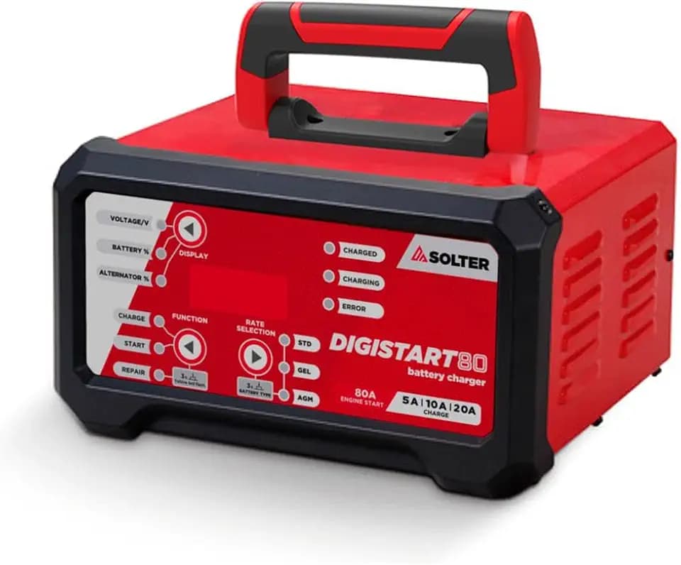 Solter Digistart 80 – Professionelles Ladegerät und Starthilfe, 12/24 V, 10 Stufen, 80 A, Reparaturmodus, Lichtmaschinentest, für Werkstätten und Automobile