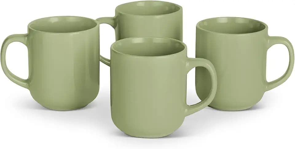Amazon Basics Glazed Stoneware Coffee and Tea Mugs, Ceramic 4-Piece Set, 16 oz, Microwave, Freezer and Dishwasher-Safe, Stain-Resistant, Olive