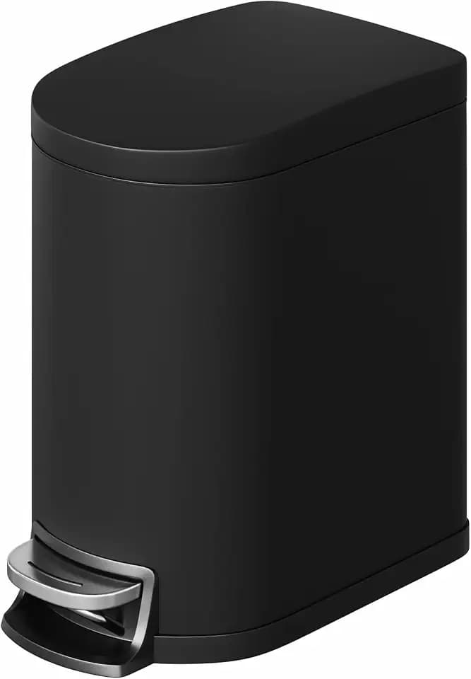GarveeHome 1.6 Gal Step-On Trash Can, Stainless Steel Small Bathroom Garbage Bin with Soft Close Lid, Slim Space-Saving Design, Removable Inner Bucket for Bathroom, Bedroom, Office, Black