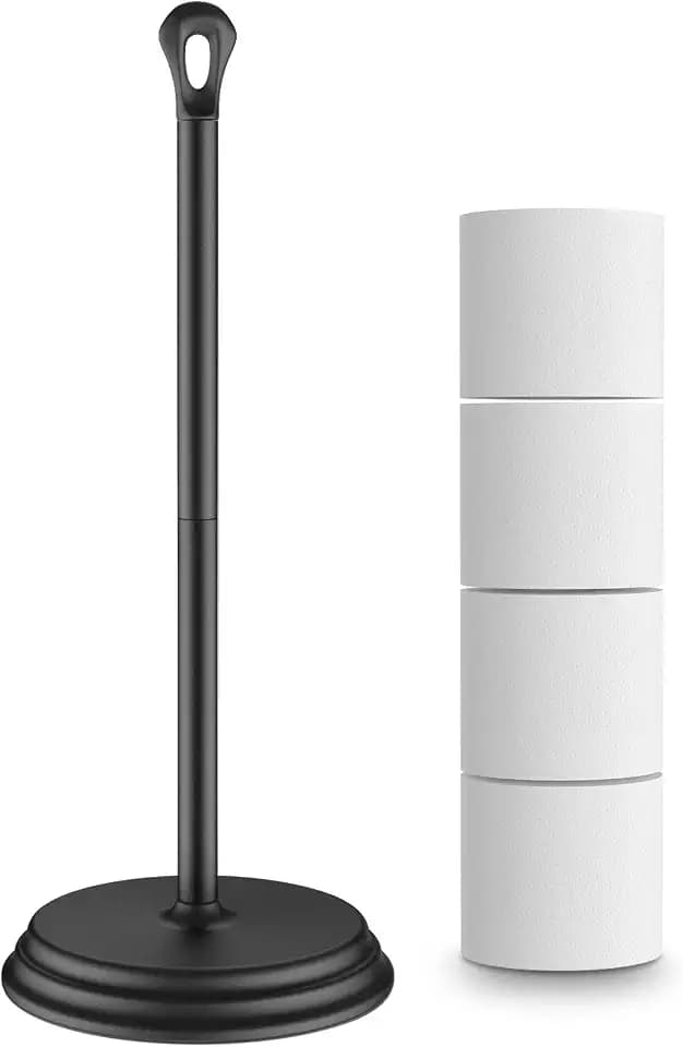 KASUNTO Toilet Paper Holder with Rustproof, Metal Free Standing Toilet Paper Stand Storage for Bathroom, Tissue Paper Roll Holder for Bathroom Accessories (Black)