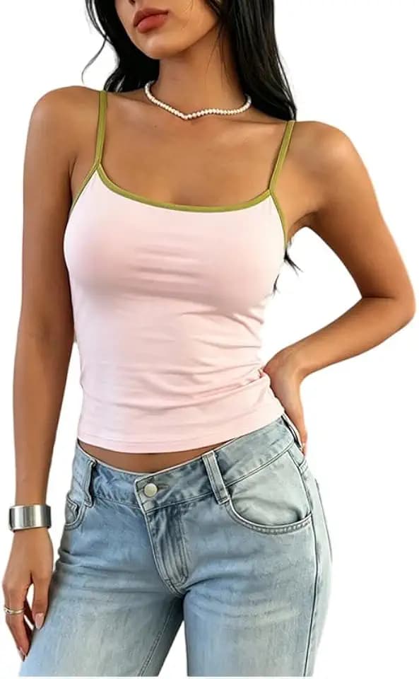 Women’s Summer Casual Color Block Spaghetti Strap Cami Top Slim Fit Tank Top Y2K Cropped Camisole for Everyday Wear
