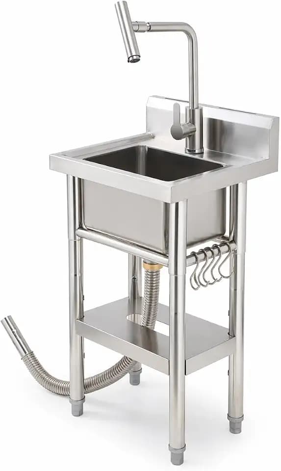 Utility Sink Freestanding Single Bowl Stainless Steel Sink, 17 x 15 x 32 Inch, No Drawer Stand and T-Shaped Faucet, Laundry Sink for Kitchen, Bathroom, Garage and Patio