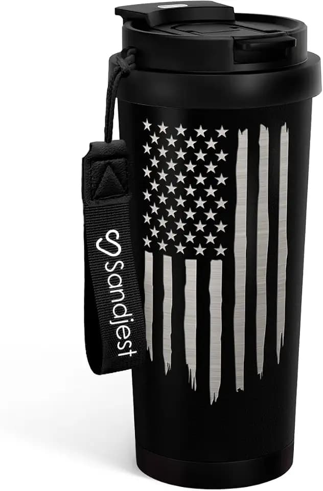 SANDJEST American Flag Tumbler - Stainless Steel 2-in-1 Lid Coffee Tumbler 18 oz, Patriotic Insulated Travel Mug Gift for Men Husband Dad, Birthday Christmas