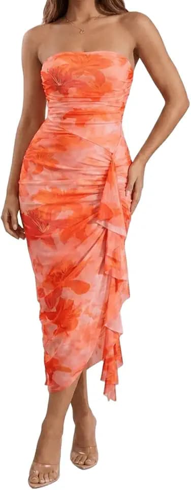 LIGHT DOT Strapless Floral Midi Dress Summer Wedding Guest Sundress Tequila Sunrise Boho Tube Dresses for Women