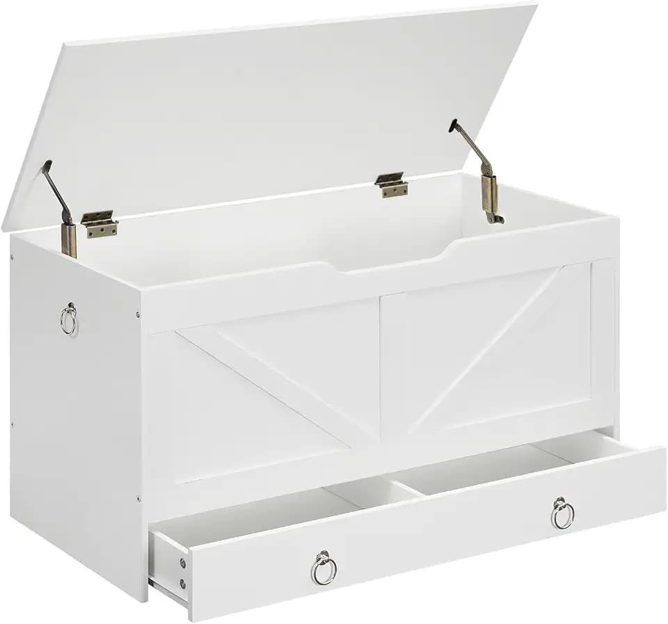 HOOBRO Storage Chest, 39.3" Toy Chest with Drawer, Wooden Storage Bench, Sturdy Entryway Bench Supports 330 lb, Shoe Bench, Safety Hinge, U-Shaped Opening, Easy Assembly, White WT710CW01G2