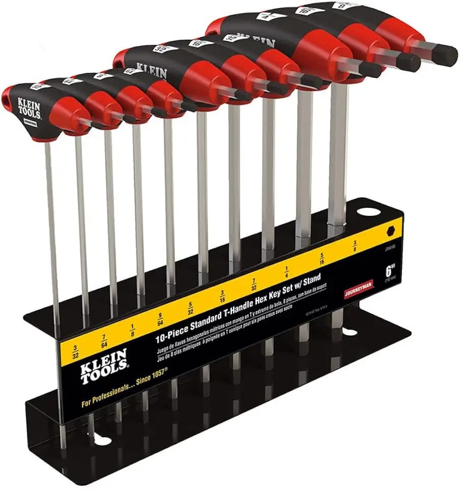 Klein Tools JTH910E T-Handle Hex Key Set, SAE Inch Sizes Allen Wrench Set with 9-Inch Blades, Stand Included, 10-Piece