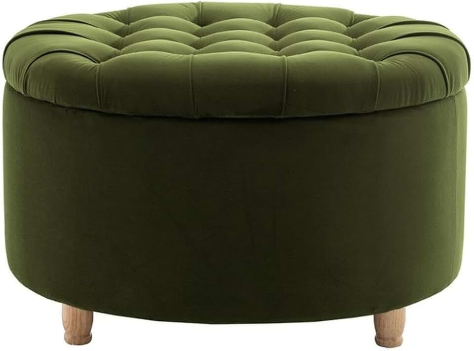 Niche Knight 28-Inch Large Round Pintucked Storage Ottoman with Lift-Off Lid, Tufted Upholstered Accent Footrest for Living Room, Bedroom, Entryway, Hidden Storage – Emerald Green