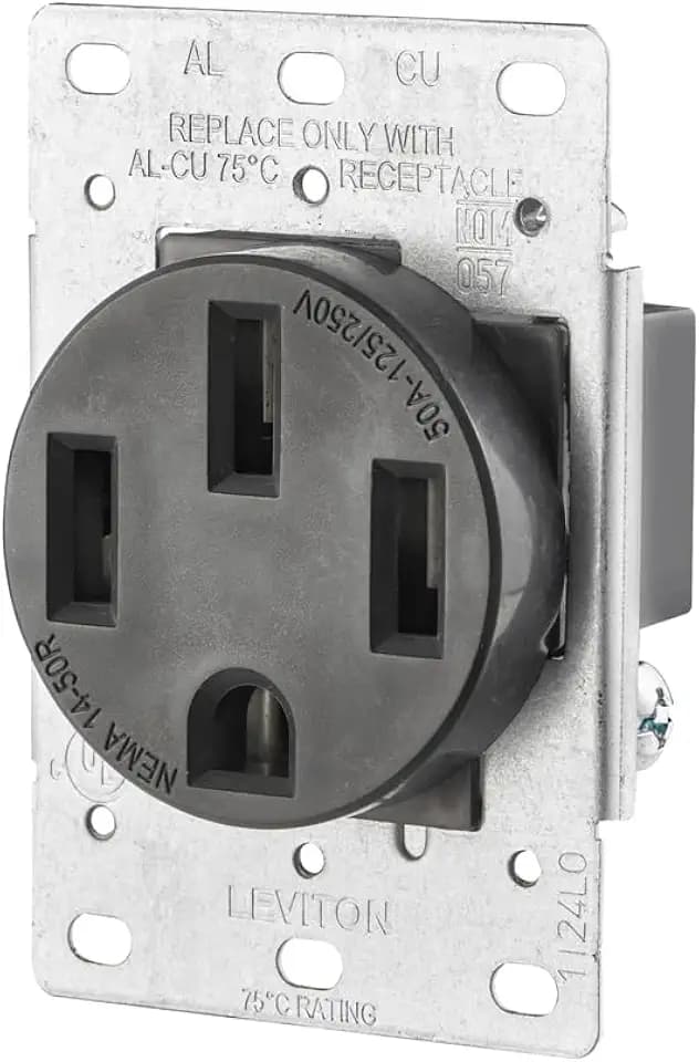 Leviton 279-S00 50 Amp, 125/250V, Nema 14-50R, 3P, 4W, Flush Mounting Receptacle, Straight Blade, Industrial Grade, Grounding, Side Wired, Steel Strap, Black