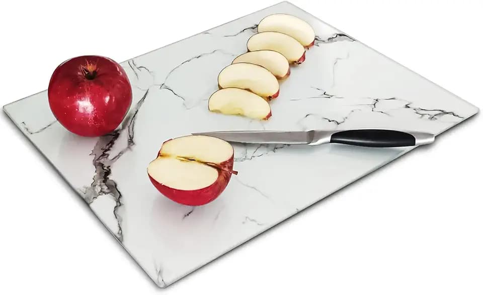 VASUHOME Glass Cutting Board, 16 * 12 inch Set of 1 Tempered Glass Cutting Board, Decorative Square Marble Chopping Board for Kitchen, Scratch, Heat, Shatter Resistant Cutting Mat, White