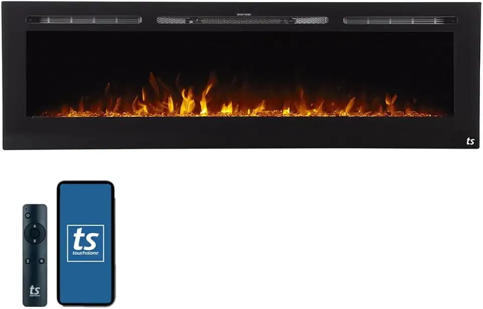 Touchstone Smart Electric Fireplace-The Sideline 72" Wide-in Wall Recessed - 30 Realistic Ember Color/Flame Options - 1,500W Heater w/Thermostat - Log & Crystal Hearth Options - Alexa/WiFi Enabled
