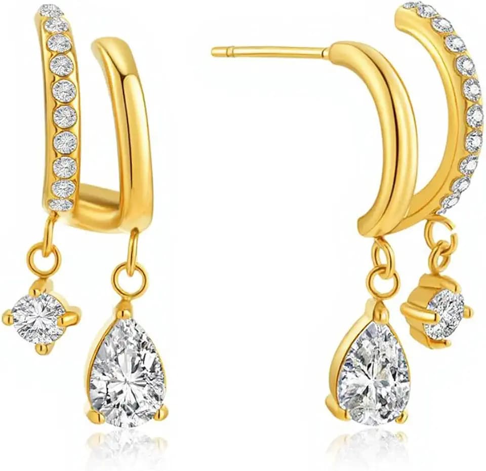 14K Gold Plated CZ Hoop Dangle Earrings for Women, Hypoallergenic Stainless Steel Huggie Earrings with Teardrop Cubic Zirconia Charm, Sparkly Drop Earrings Jewelry Gift for Her