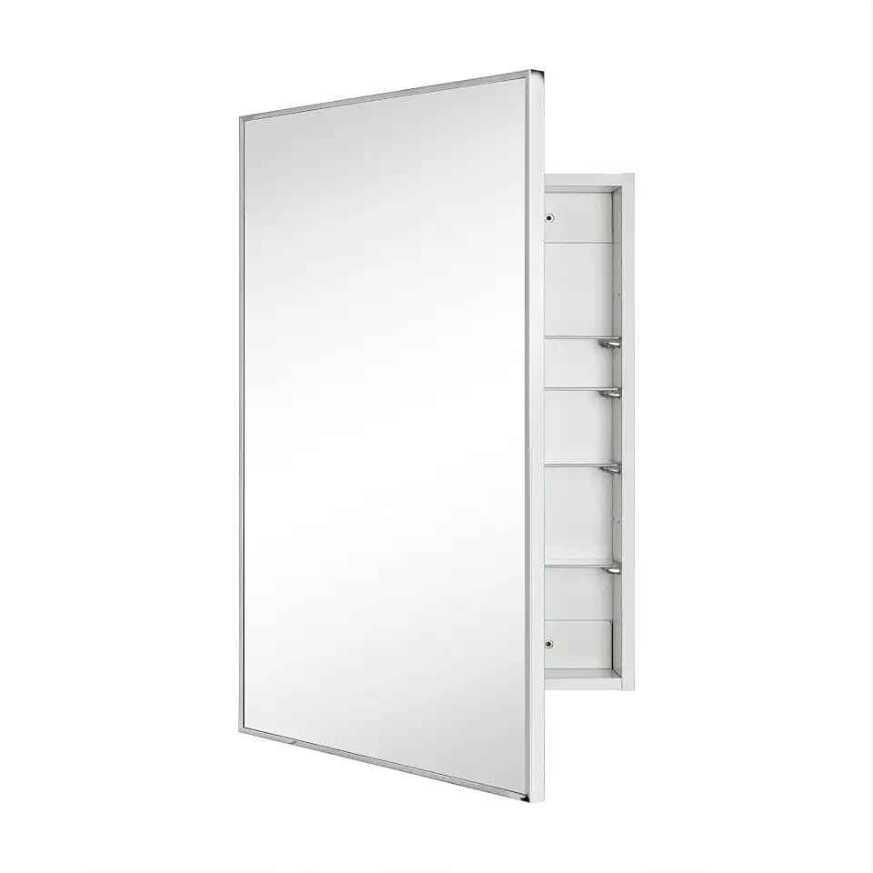TEHOME 20'' x 30'' Chrome Recessed and Surface Mount Bathroom Medicine Cabinet with Mirror Square Cornered Metal Framed Rounded Rectangle Medicine Cabinet Mirror