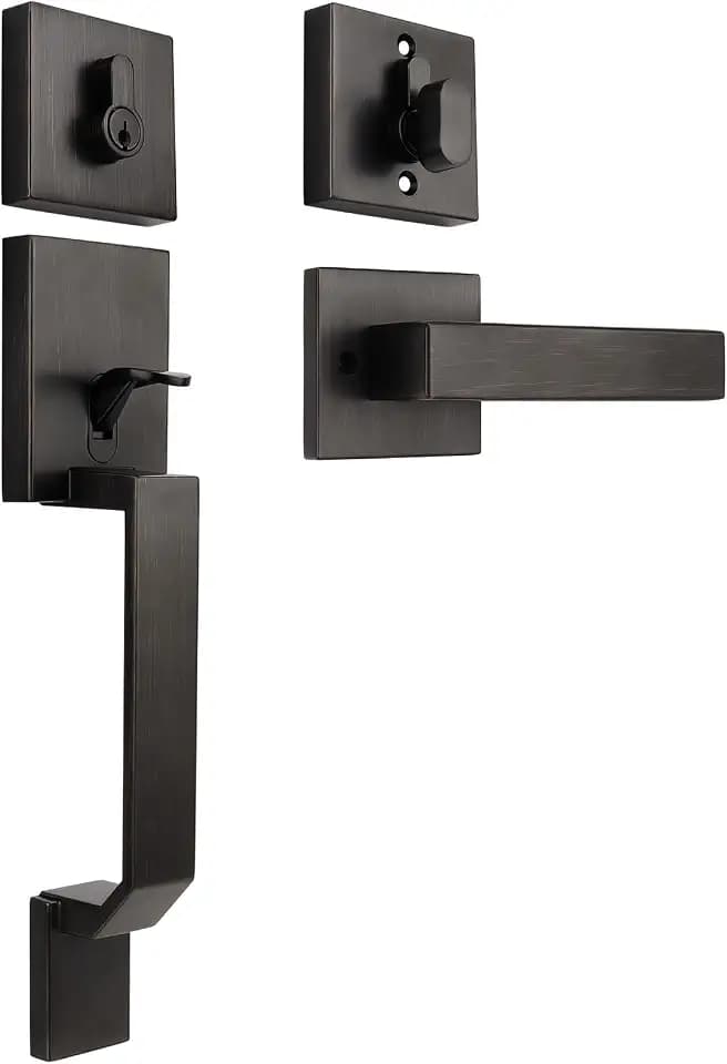 Bronze Front Door Handle and Deadbolt Set, Front Door Lock Set with Reversible Handle Lever, Heavy Duty Single Cylinder Front Door Handles and Locks