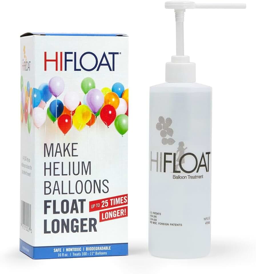 HI-FLOAT Balloon Treatment 16 oz – Extends Float Time for Helium-Filled Latex Balloons – Treats Up to 100 (11-Inch) Balloons – Non-Toxic, Biodegradable Balloon Sealant