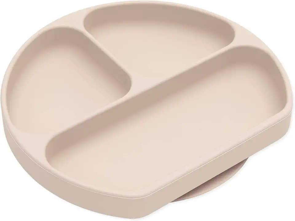 Bumkins Toddler and Baby Suction Plate, Silicone Divided Grip Dish, Babies and Kids, Baby Led Weaning, Children Feeding Supplies, Non Skid Sticky Bottom, Platinum Silicone, Ages 6 Months Up, Beige