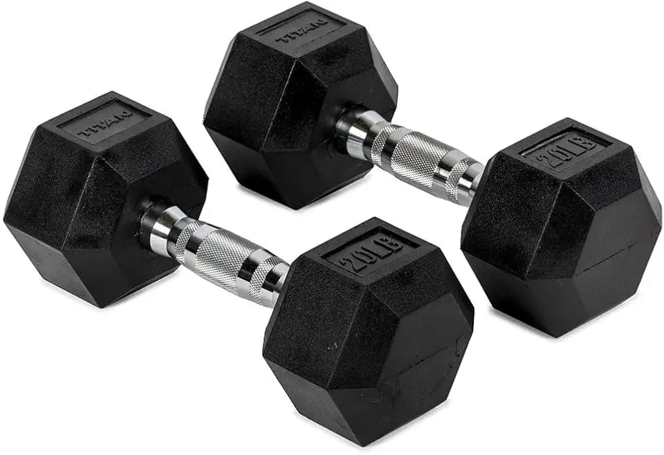 Titan Fitness Pair Rubber Coated Hex Dumbbells, Roll-Resistant Hexagonal Free Weights, Chrome-Coated Handles with Knurling, Strength Training Equipment