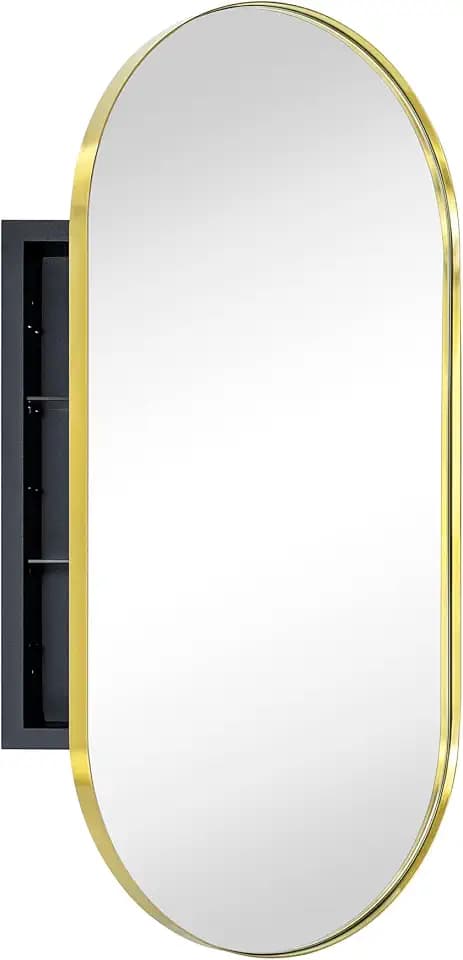 Brushed Gold Oval Recessed Bathroom Medicine Cabinet with Mirror Stainless Steel Metal Framed Oblong Pill Shaped Bathroom Cabinet with Mirror 16x33''