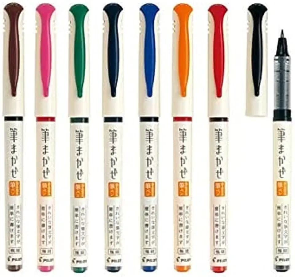 Pilot Color Brush Pen Fudemakase Set Extra Fine SVFM-20EF-8C Japan Import With Kanji Love Sticker, Black, Red, Orange, Blue, Blue black, Green, Pinkl, Sepia, 3.59 x 0.01 x 5.51 In