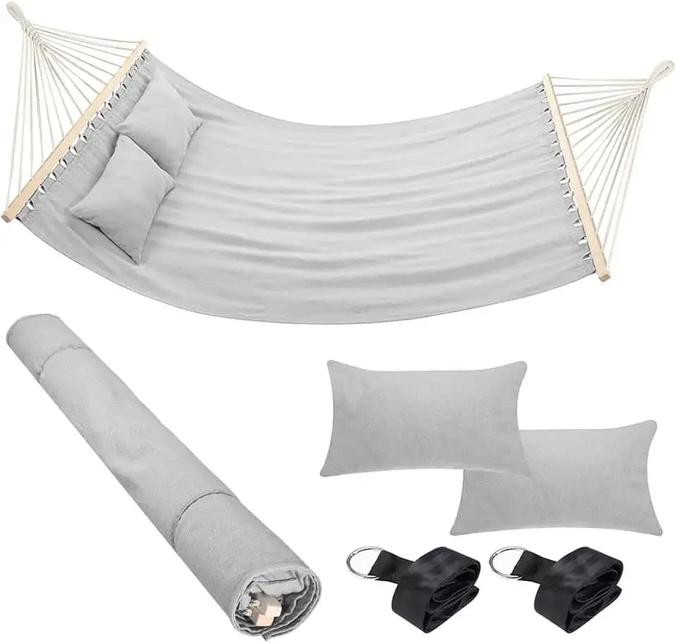 Bakaji Hängematte für den Garten, Doppelbett, 2 Sitzer, 232 x 148 cm, transparente Stangen aus Holz, Bezug aus Baumwolle mit 2 Kissen und Gurten, (hellgrau)