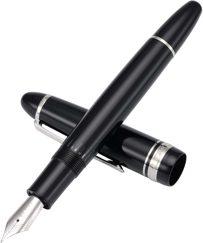 erofa Majohn P136 Piston Fountain Pen 1.1mm Stub Nib with Box, Black Resin Writing Pen Set