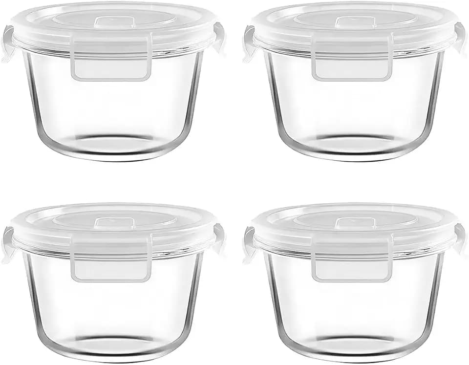 H.JSS WDJS 2 Cup Round Glass Food Storage Containers with Airtight Lids,16oz Round Glass Soup Container, BPA free Small Food Storage Containers for Leftover. Microwave, Freezer, Dishwashe safe-4pack