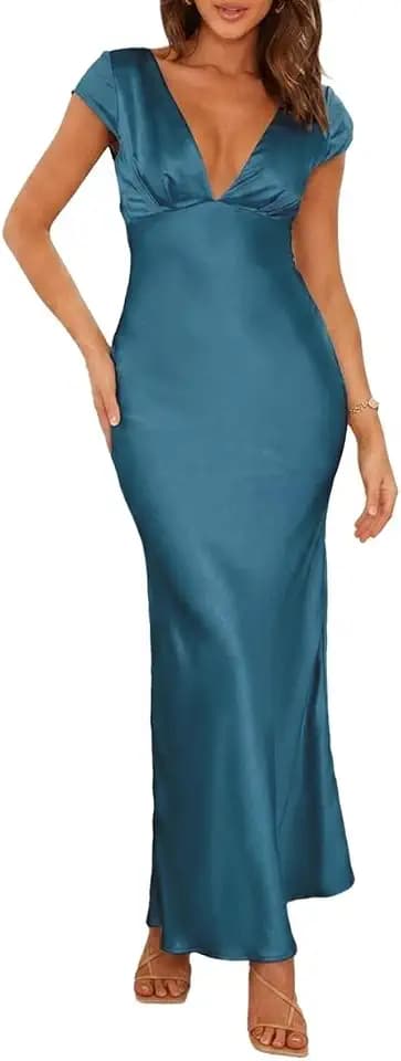 Halfisland Womens Summer Satin V Neck Cap Sleeve Midi Dress Wedding Guest