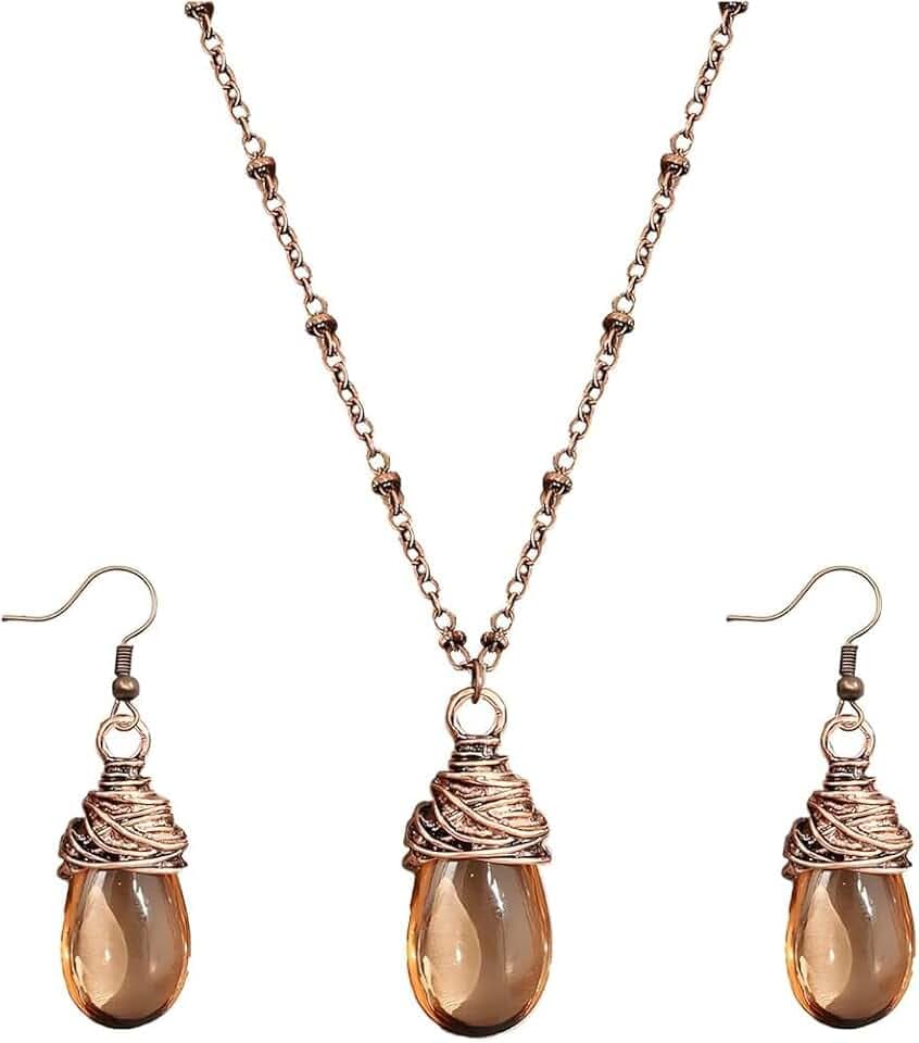 Bohemian Jewelry Set For Women, Water Drop Necklace And Earrings With Non Tarnish Bohemian Western Style Jewelry Gift (Brown)