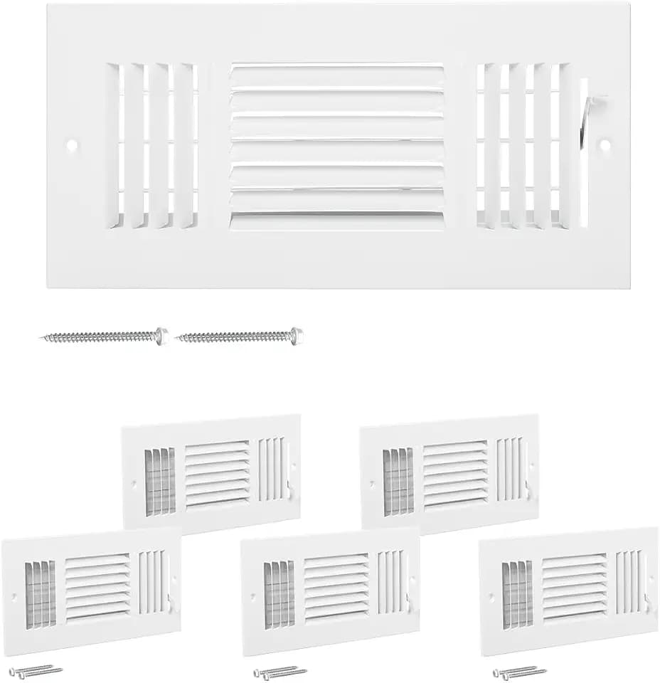 VEVOR 4 x 10 Inch Air Vent Covers, 6-Pack Return Air Vent Cover, HVAC 3-Direction Iron Vent Grilles for Wall & Ceiling, Rustproof Anti-Peeling Air Vents Deflector Adjustable with Metal Damper, White