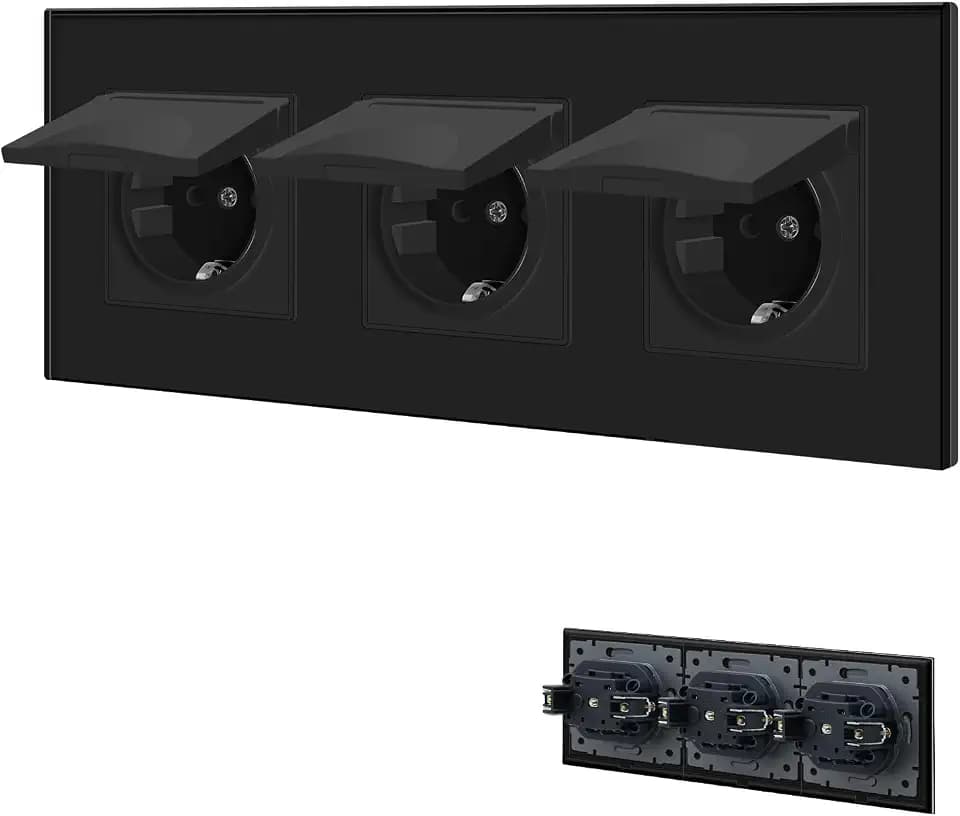BSEED Steckdose 3 Fach mit Wasserdichter Abdeckung, Unterputz Steckdose mit Steckklemme mit Kristall Glas Platte, 16Amp Wandsteckdose 228mm, Schwarz