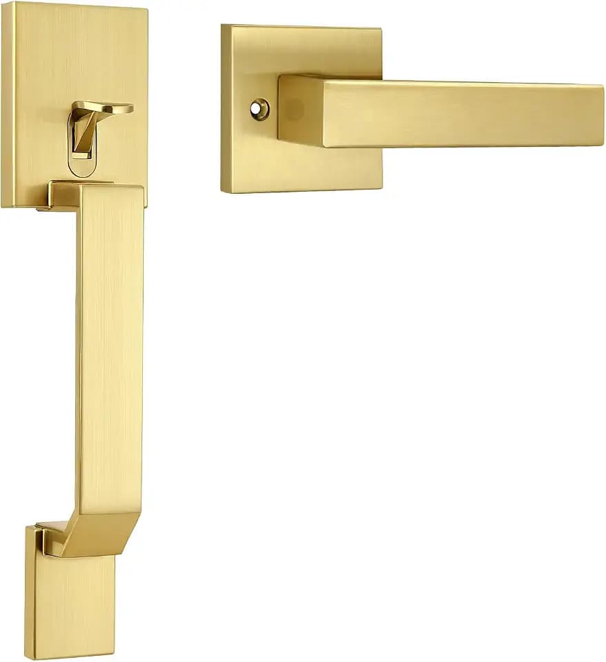 Probrico Gold Front Door Handle,Modern Entry Door Handle with Reversible Lever,Exterior Square Passage Door Handle Without Locking No Key