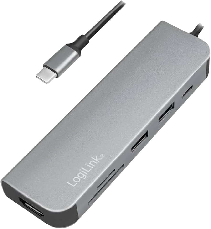 LogiLink USB-C Multifunktions Hub mit 6X Erweiterungen: 1x HDMI/1x USB-C PD (Power Delivery)/1x SD Kartenleser/2x USB 3.2 Gen 1x1/1x HDMI (4Kx2K @30Hz) fürs Smartphone Notebook Computer Aluminium