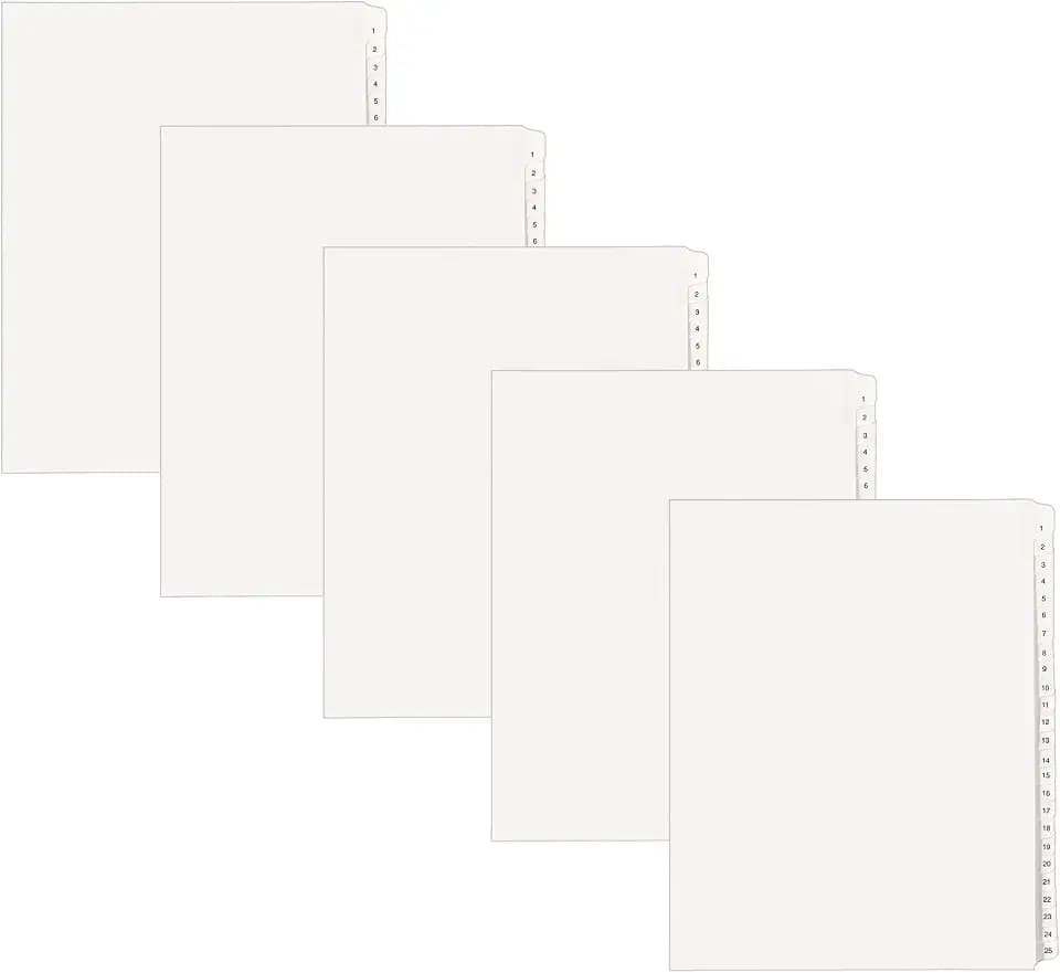 Avery® Legal Exhibit Dividers, Side Tab, 1-25 Numbered, 5 Sets