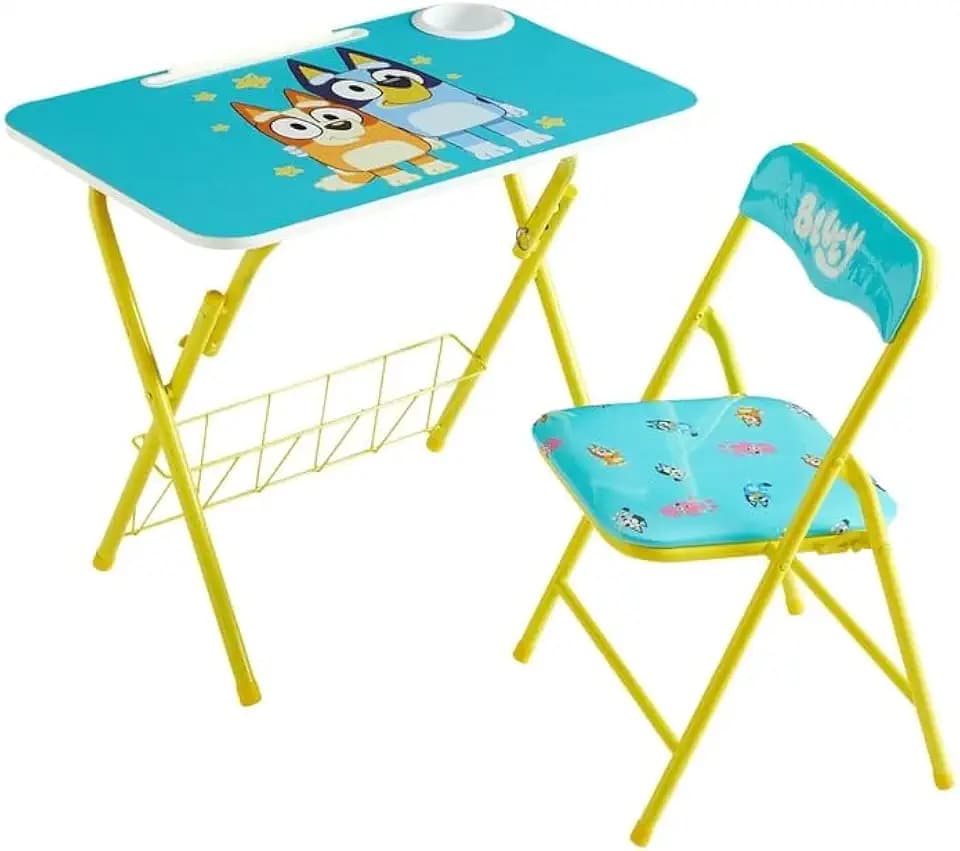 Bluey 2 Piece Table and Chair Set, Folding Kids Desk with Storage Basket, Childrens Activity Table for Drawing, Learning, Crafts, Playroom Furniture, Ages 3+