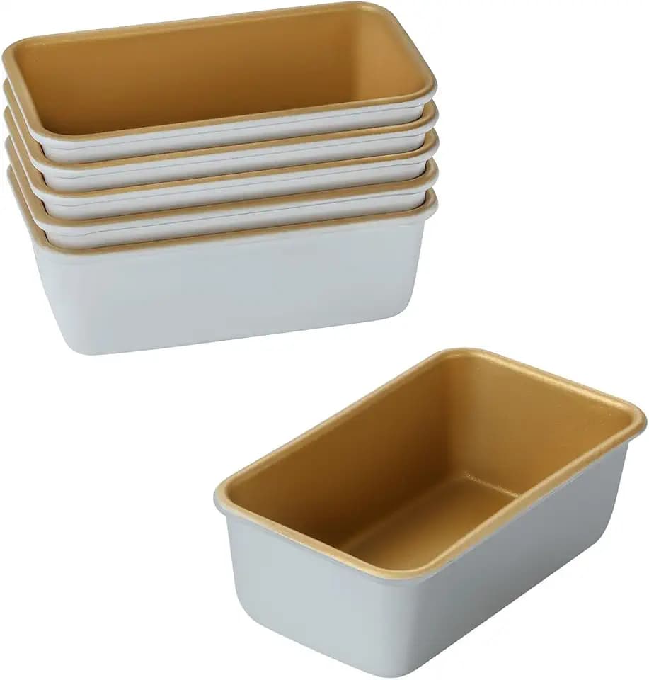Marimer FORBAKE Non-Stick Oblong Brownie Baking Pan Set - 6-Pack Golden Aluminum Mini Cake & Loaf Pans, 4 x 1 1/2 x 2 Inch - Single Cup Free Combination & Stackable