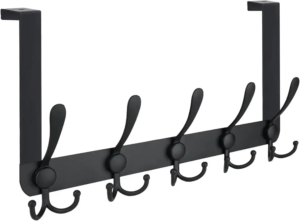 TICONN Over The Door Hooks, 5 Heavy Duty Tri Coat Rack All Metal Coat Hanger for Bathroom Bedroom Dorm (Matte Black, 1PK, Fit 1-3/8" Doors)