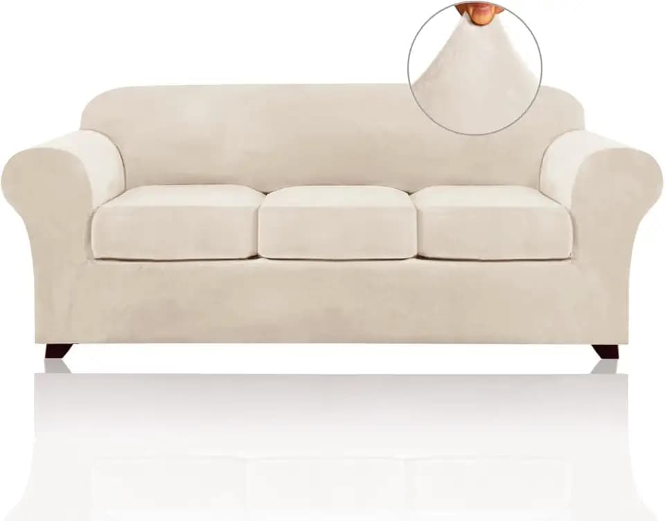 PrinceDeco Velvet Couch Covers for Sofa Soft 4 Pieces Couch Covers for 3 Cushion Couch Sofa Pet Friendly Furniture Protector with Non Slip Elastic Bottom Width Up to 90 Inch (Large, Ivory)