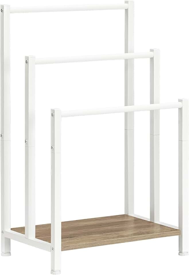 HOOBRO Free Standing Towel Rack, 3 Tier Blanket Rack, Blanket Holder for Bathroom, 16.9" L x 11" W x 31.9" H, Industrial Metal Drying and Display Rack with Shelf, White and Grey WG03LB01