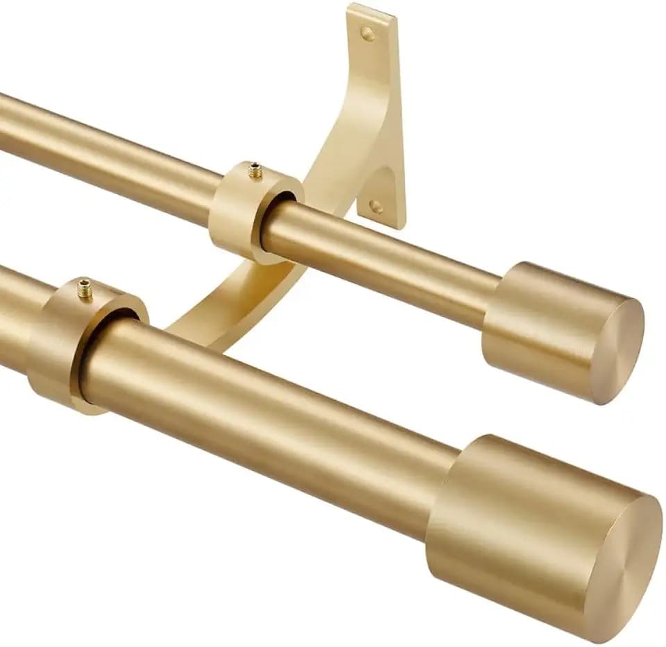 Warm Gold Double Curtain Rods 36-72" (3-6ft), Decorative Window Curtain Rod with Cap Finials, 1 Inch Front and 5/8 Inch Back Telescoping Dual Rod