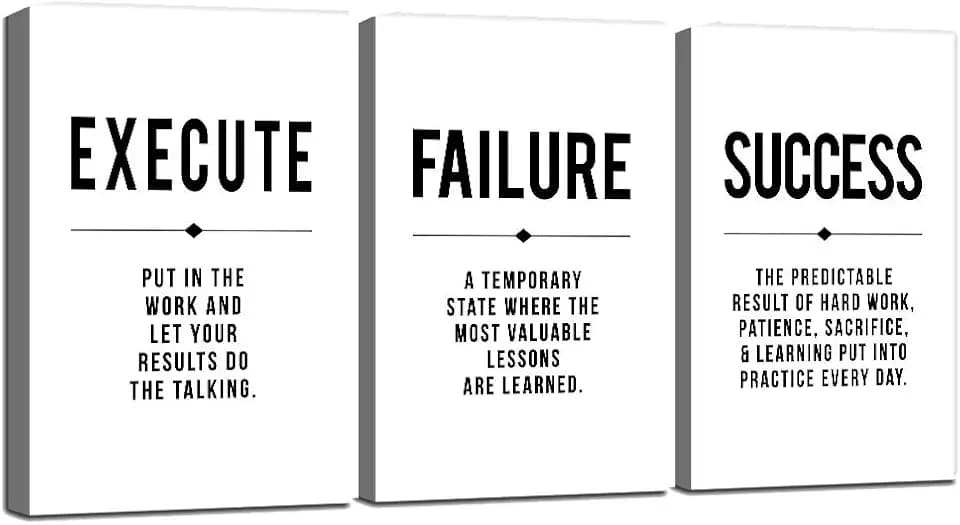 Inspirational Print - Framed Canvas Wall Art Success Quote, Office Wall Art, gift for boss, Positive Motivational Prints, Execute Failure Success Poster (D-3pcs,12x16inchx3pcs)