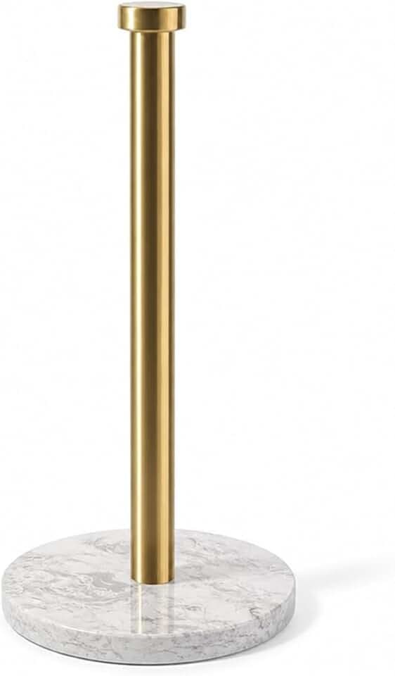 Koville Paper Towel Holder Countertop, Marble and Brass Standing Paper Roll Holder, Heavy Stone Paper Towel Holder with 6" Weighted Marble Base for Kitchen Bathroom(Arabescato Argento)
