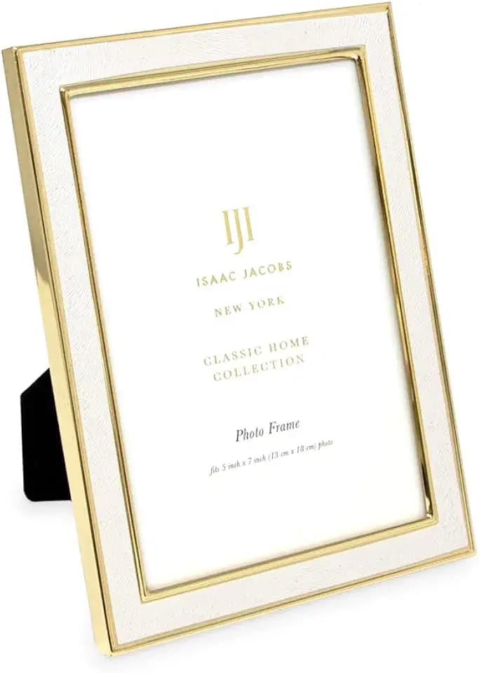 Isaac Jacobs 5x7 White Textured Leather w/Gold Metal Picture Frame w/Easel