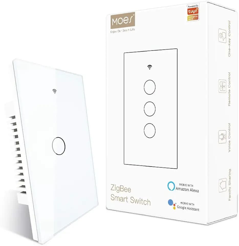 MOES ZigBee Smart Touch Wall Light Switch,Requires Tuya ZigBee Hub,No Neutral Wire/N+L Wiring,No Capacitor,Smart Life Tuya 2/3 Way Remote Control, Work with Alexa Google Home, 2MQTT,1 Gang White