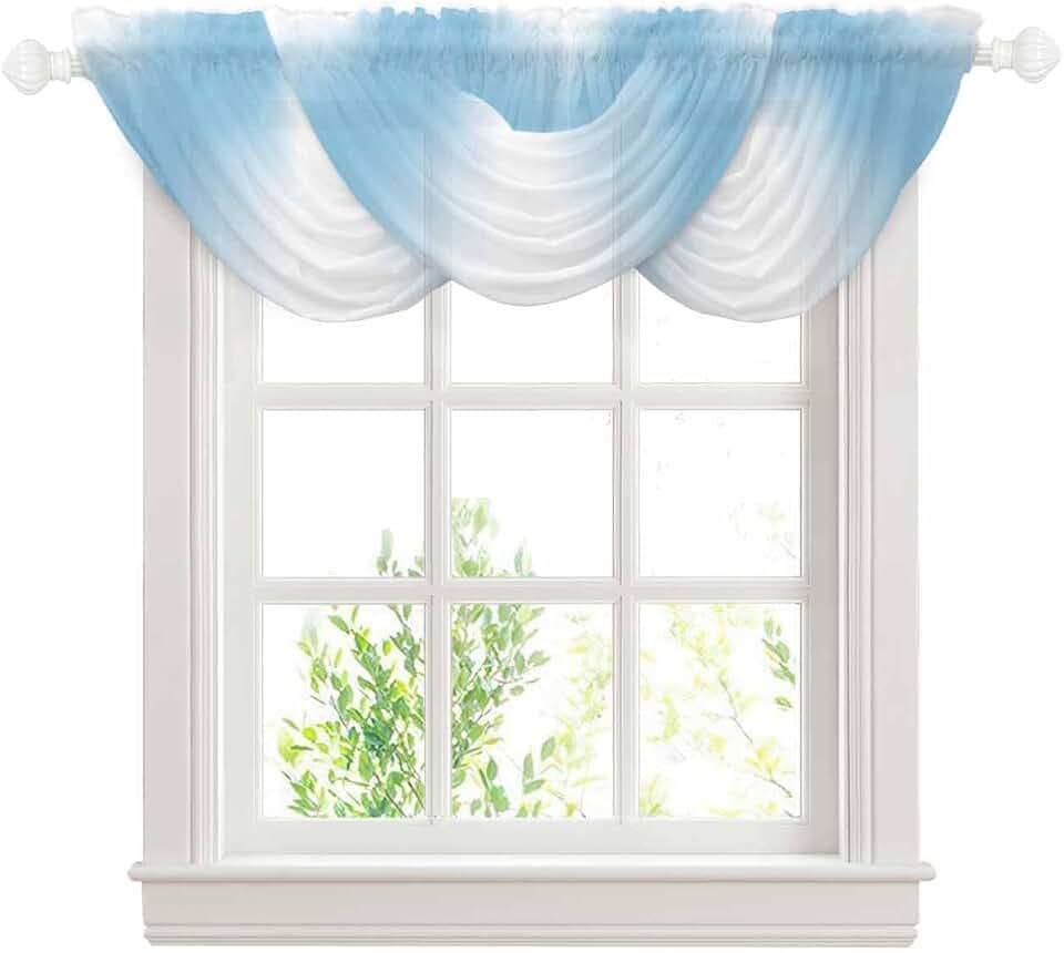 Sky Blue Waterfall Valance Curtains Sky Blue Ombre Sheer Swag Valances for Window, Gradient Blue and White Rod Pocket Elegant Valances for Bedroom/Nursery, 38.5" x 47.21", 3 Panels