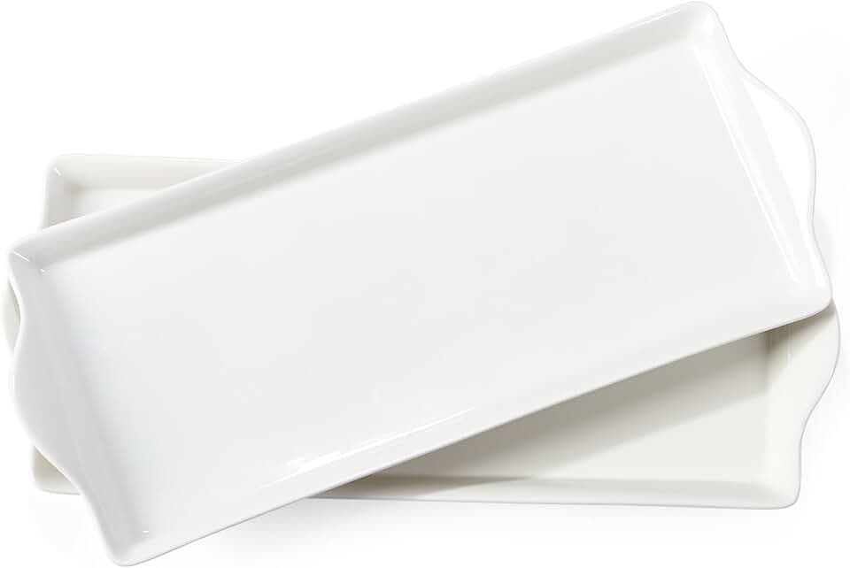 Large Ceramic Tray, 13.5" x 5.6" - White Serving Tray with Handles - Dishwasher Safe -Rectangular Platter for Meat Appetizer Cookies Grill Charcuterie Skewers or Party Snack - Set of 2