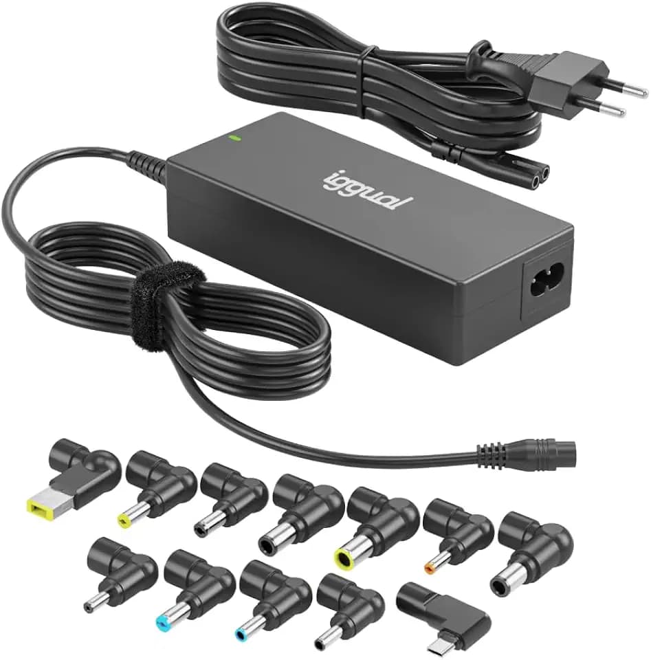 iggual Universelles Laptop-Ladegerät, 90 W, 11 DC-Anschlüsse + 1 austauschbarer USB-C-Stecker, automatische Spannungsauswahl, kompatibel mit HP, Dell, Lenovo, ASUS, Acer usw. (CUA-C-12T- 90 W)